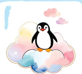 Fototapeta premium Adorable Cartoon Penguin Perched Atop A Watercolor Cloud With Dreamy Pink And Blue Hues Set Against A Soft Sky Backdrop Perfect For Childrens Illustrations And Whimsical Designs With A Gentle
