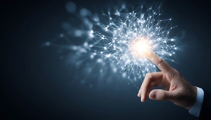 A hand touching a glowing network of interconnected dots and lines on a dark blue background