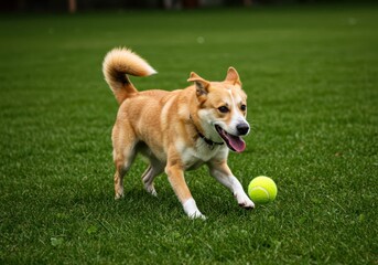 Happy dog playing fetch with tennis ball