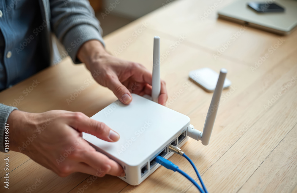 Leinwandbilder man installs broadband wifi router. hands setup high speed internet connection at home. blue fiber c
