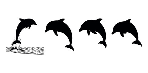 Silhouettes of playful dolphins leaping out of the water, Silhouettes of Dolphins Leaping in the Ocean, black silhouettes of dolphins jumping, set against a pure white background. dolphins, jumping, s