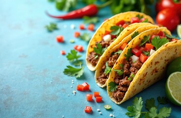 Mexican tacos with beef, tomatoes, cilantro, onion, lime slices on blue background. Tasty traditional fast food or snack. Recipe for restaurant menu, cafe or advertising.