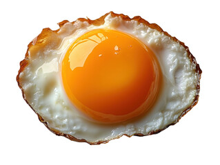 A fried egg with a yellow yolk sits on a white plate