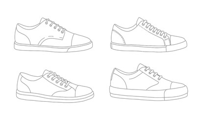set of outline Cool Sneakers. Shoes sneaker outline drawing vector, Sneakers drawn in a sketch style, sneaker trainers template outline, Set Collection. vector Illustration.
