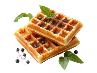 Two waffles with blueberries and chocolate chips on top