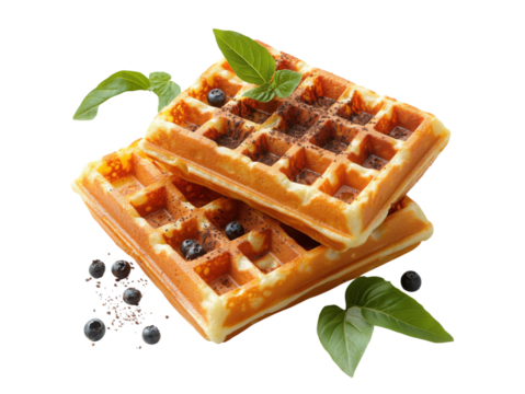 Two waffles with blueberries and chocolate chips on top