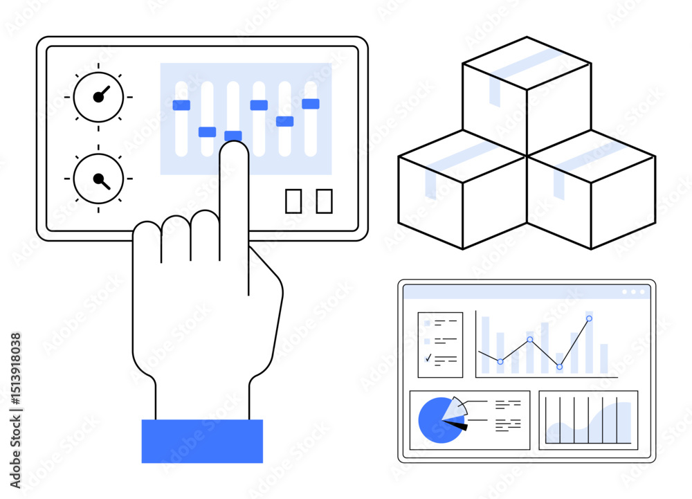 Poster hand operates control panel with sliders and dials, analytics dashboard showing graphs and pie chart