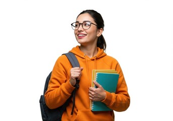 Happy Female Student with Backpack Holding Notebooks