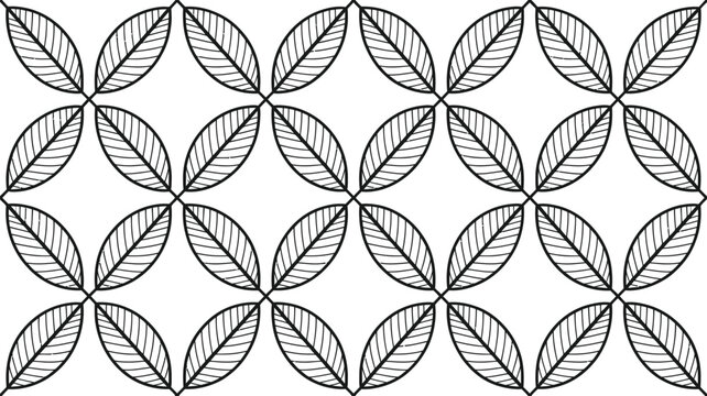 Black and white geometric floral pattern with hexagonal motifs and intricate minimalist lattice design.
