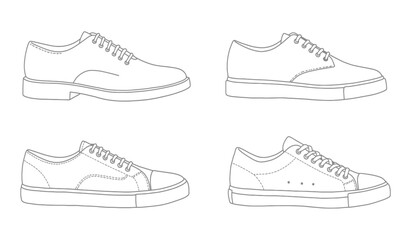 set of outline Cool Sneakers. Shoes sneaker outline drawing vector, Sneakers drawn in a sketch style, sneaker trainers template outline, Set Collection. vector Illustration.