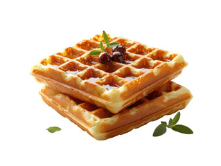 Two waffles with syrup and a sprig of parsley on top