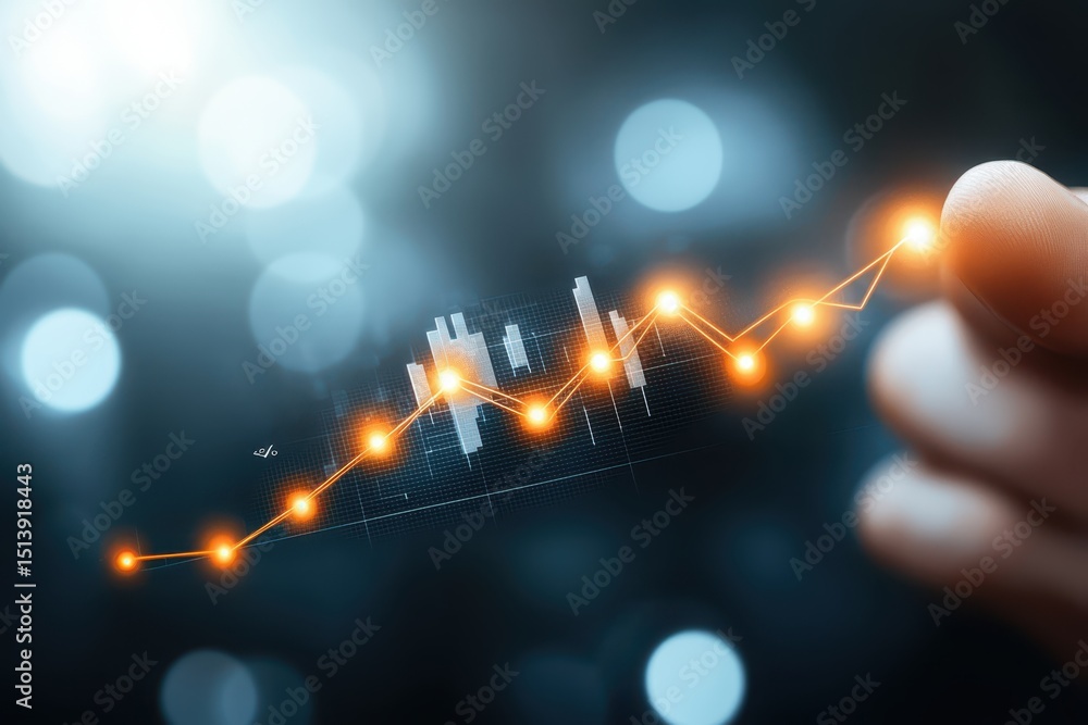 Poster business confident finance concept. innovative hand holding a glowing graph with data points on a bl