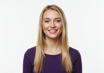 Portrait of a Smiling Young Woman with Long Blonde Hair Wearing a Purple Shirt