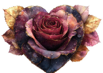 A rose with gold and purple petals is shown in a heart shape