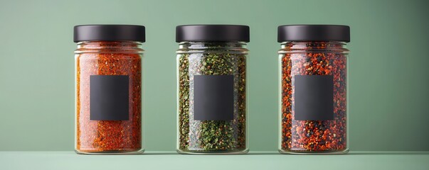 Three glass jars filled with colorful spices and black labels are neatly arranged against a green background.
