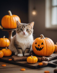 Cute kitten and pumpkins