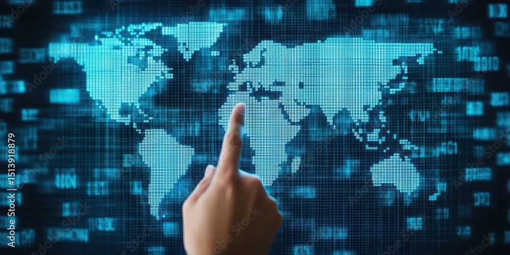 Poster business confident finance concept. digital world map with a hand pointing, symbolizing technology a