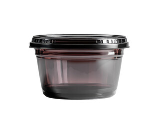 A clear plastic container with a lid sits on a white background