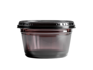 A clear plastic container with a lid sits on a white background