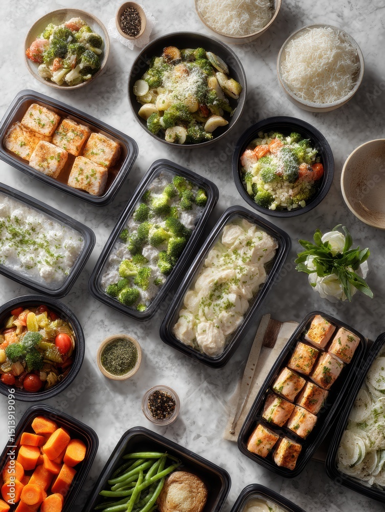 Poster Clean Kitchen Counter Displays Various Frozen Entrees Arranged in Neat Rows With Fresh Ingredients and Meal Prep Items Present