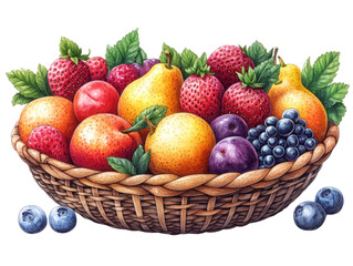 A basket of fruit with a blueberry in the foreground