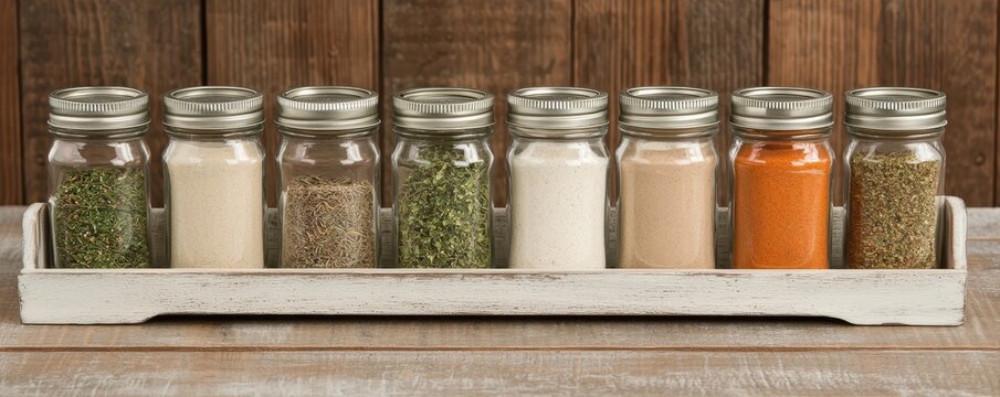 A row of eight glass spice jars with metal lids, filled with assorted spices, on a rustic wooden tray against a wooden background.