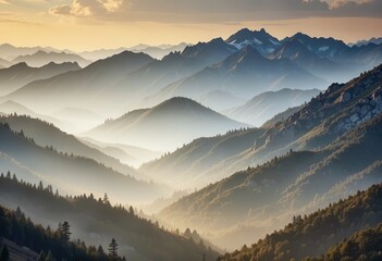 Vast mountain ranges with layers of mist during twilight hours in a serene landscape