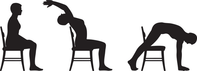 Chair yoga exercise poses silhouettes demonstrating stretching routine and flexibility