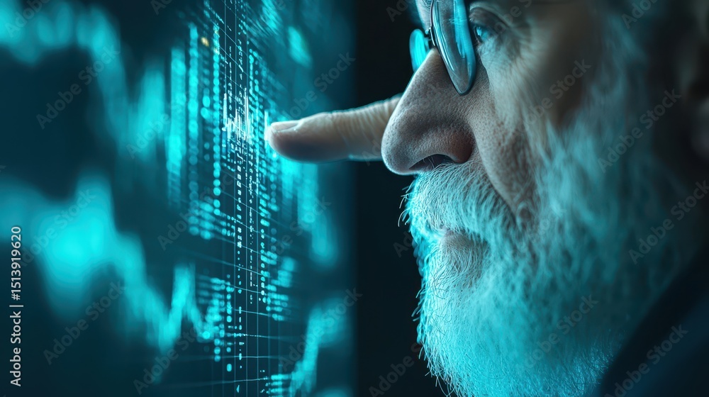 Poster business confident finance concept. insightful analysis of data with a focused individual examining 