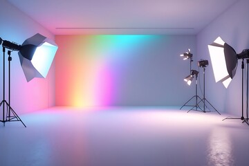 Modern studio photography setup colorful backdrop lighting equipment