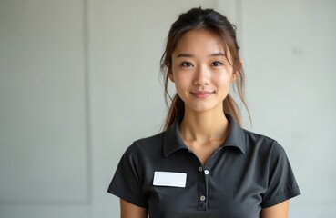 Portrait young Asian woman wearing black polo shirt with blank name tag. Attractive female employee smiles directly at camera. Office work, staff, service, business concept. Smiling confident model.