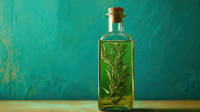 A glass bottle filled with olive oil and sprigs of rosemary against a turquoise background. - Powered by Adobe