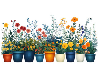 A row of colorful flower pots with a variety of flowers in them