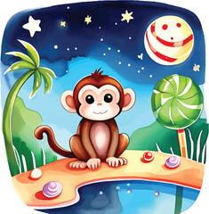 Fototapeta premium Cute Cartoon Monkey At Night Playful Animal Illustration For Childrens Books And Educational Material Watercolor Style With Candy And Stars In A Dreamlike Scene