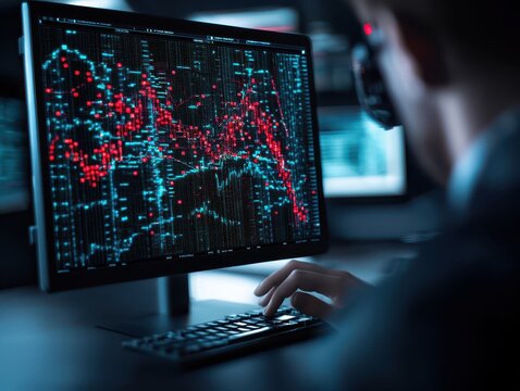 Business confident finance concept. Professional analyzing data on a computer screen filled with complex graphs and statistics.