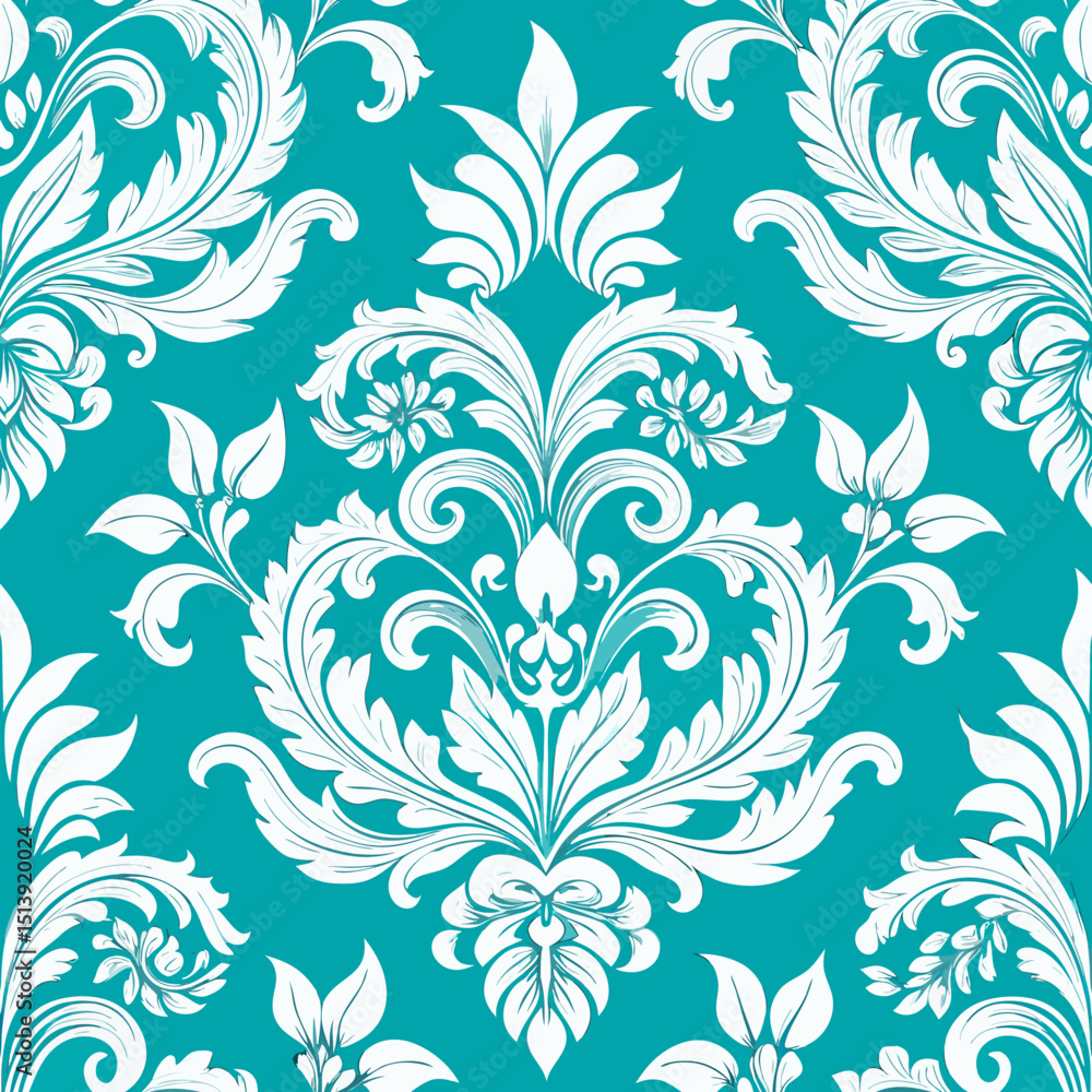Poster elegant white damask pattern on teal background seamless repeat