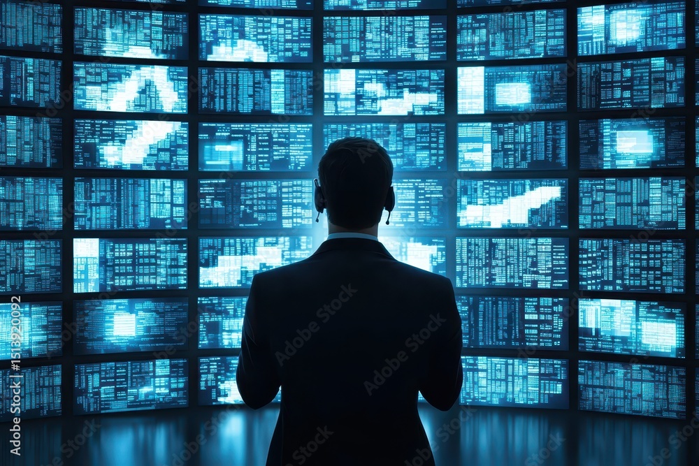 Aufkleber Business confident finance concept. A person in a suit observes multiple screens displaying data and analytics.