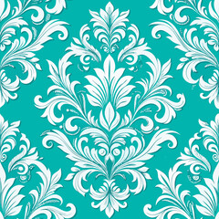 Elegant White Damask Pattern on Teal Background Seamless Repeat