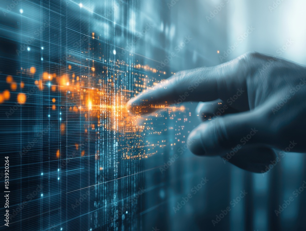 Poster Business confident finance concept. Interactive digital interface with a hand reaching out to touch luminous data points.