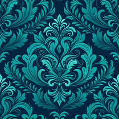 Seamless Teal Damask Pattern Elegant Floral Design Background