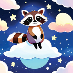 Naklejka premium Cute Raccoon On A Cloud Illustration Whimsical Vector Art For Childrens Books And Educational Materials Dreamy Night Sky Background