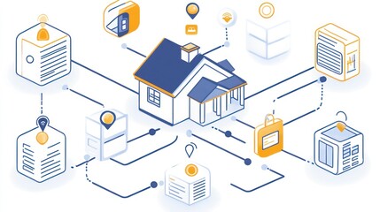 A network of interconnected digital cubes and a house