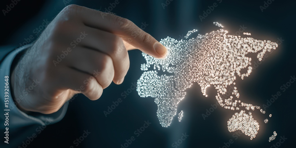 Poster business confident finance concept. hand pointing at a glowing map representation, suggesting connec