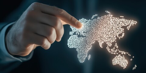 Business confident finance concept. Hand pointing at a glowing map representation, suggesting connection and technology.