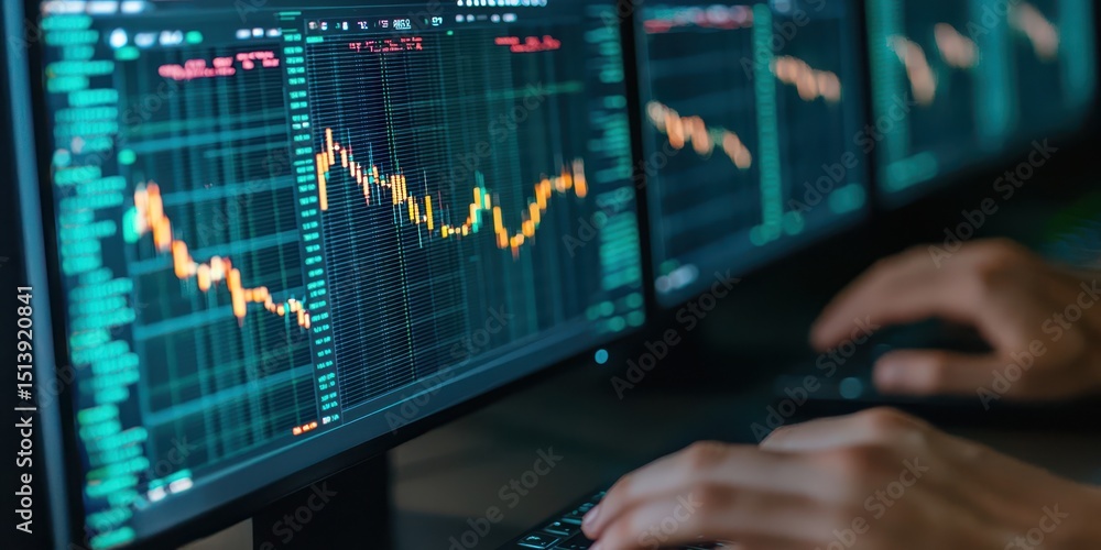 Aufkleber Business confident finance concept. Hands typing on a keyboard in front of multiple screens displaying data charts.