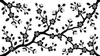 Fototapeta premium Black and white floral pattern with detailed botanical illustration and stylized leaves in minimalist design.