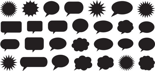 Collection of black speech bubbles and burst shapes isolated on a white background