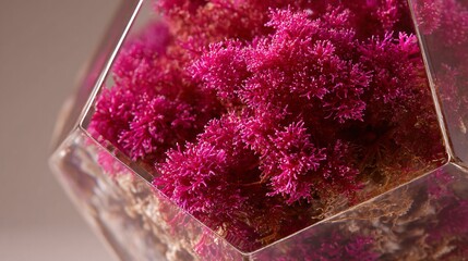 Vivid pink moss patch in translucent geometric vase, neutral beige background