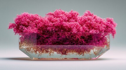 Vivid pink moss patch in translucent geometric vase, neutral beige background