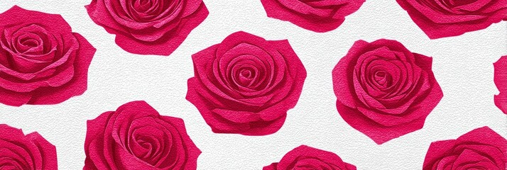 Vibrant Pink Roses Pattern - Close-up of a repeating pattern featuring vibrant pink roses on a white background. Perfect for textile, wallpaper, or designs